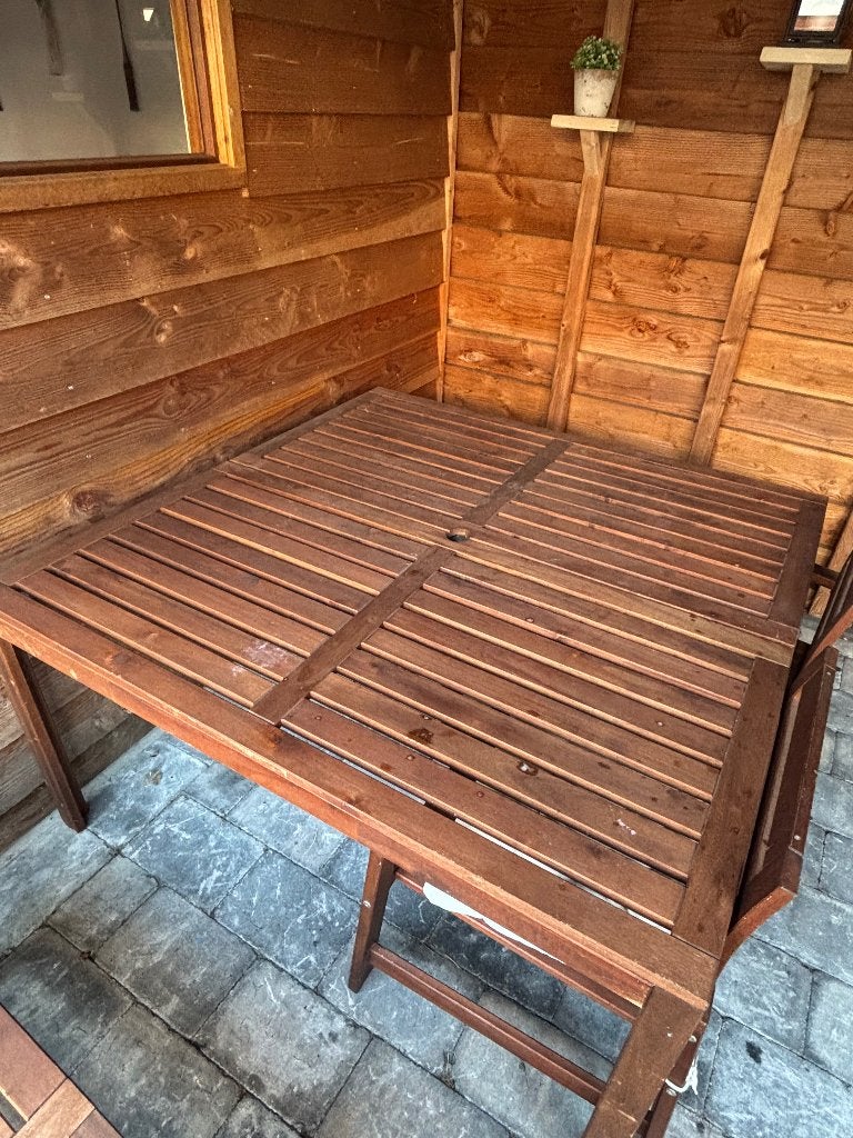Houten tuinset: Grote Tafel met 4 stoelen en 2 bankjes, Tuin en Terras, Ophalen, Gebruikt, Rechthoekig, Hout