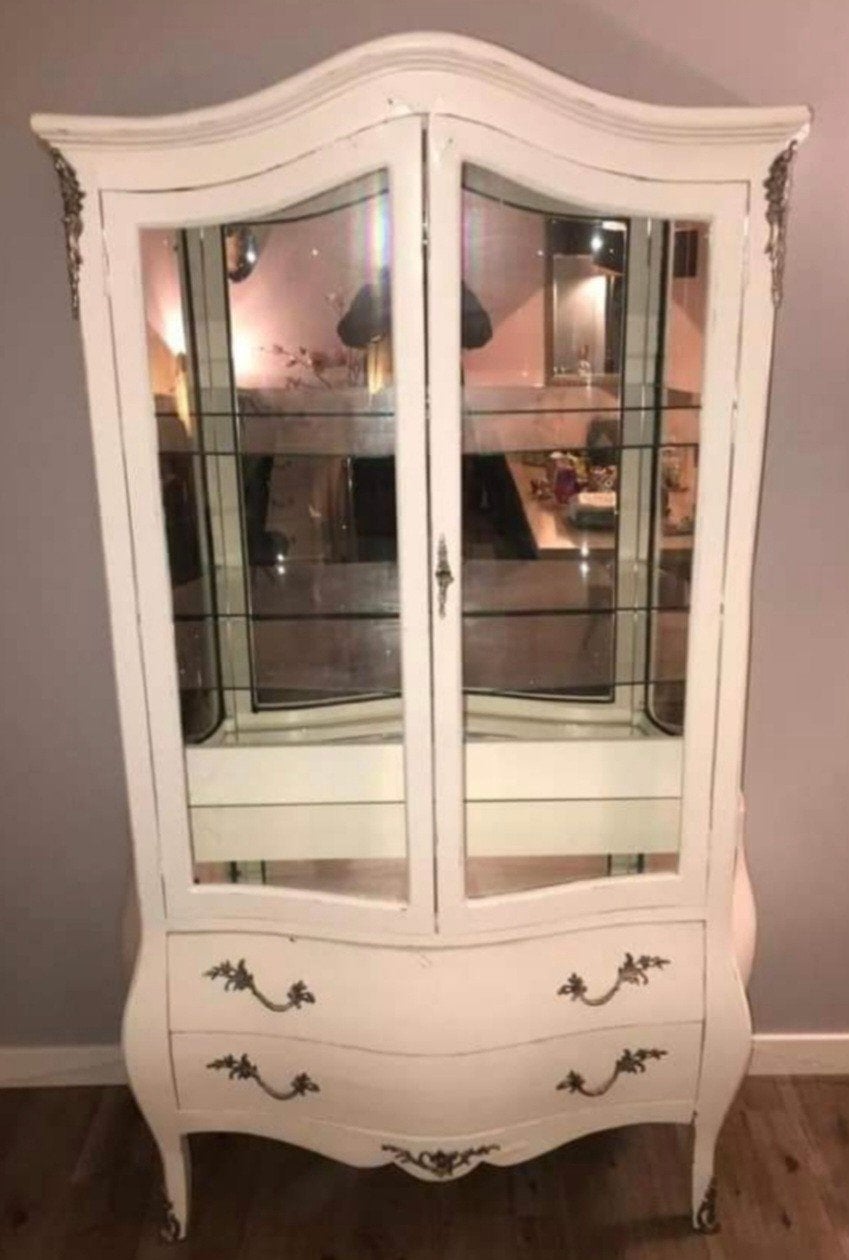 Antieke Vitrinekast met Glas en Lades - Crème Wit, Ophalen, Gebruikt, Met lade(s), Overige houtsoorten