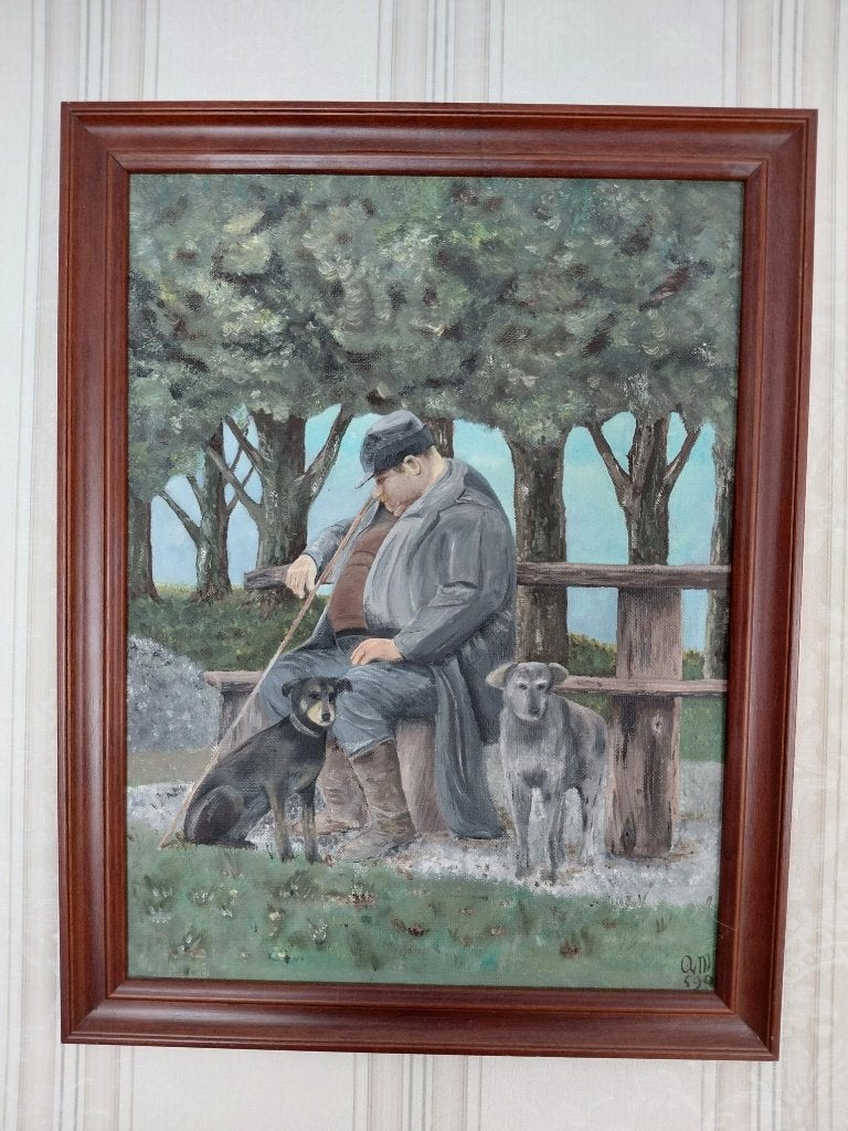 schilderij: Man met honden, Antiek en Kunst, Paneel, Dieren, Ophalen of Verzenden, Gedateerd