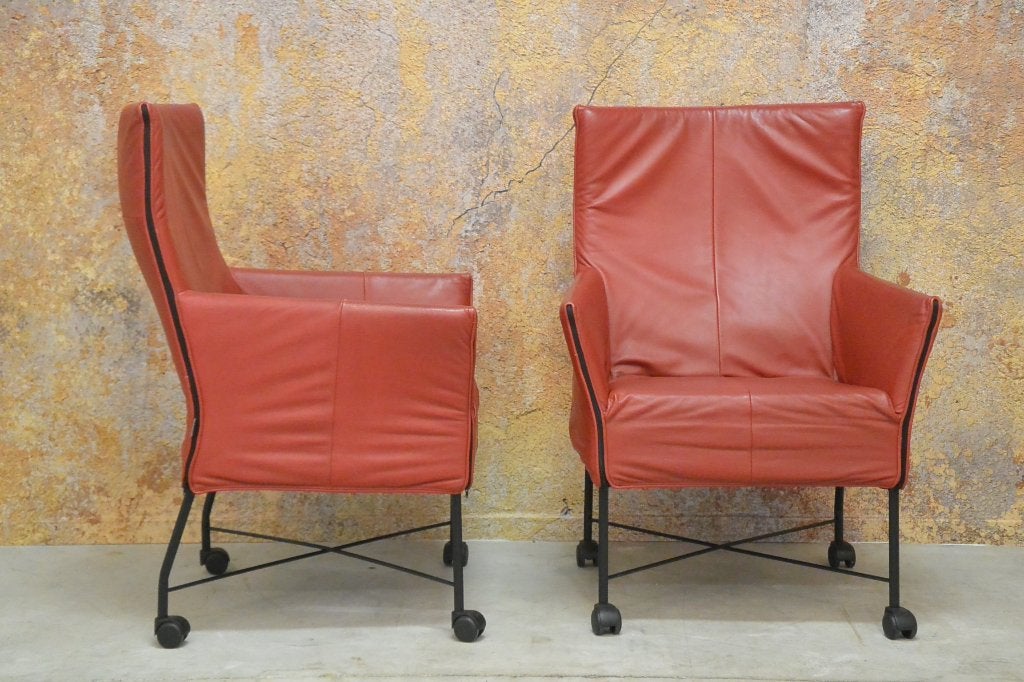 IZG Staat 2 rode leren verrijdbare Montis Charly fauteuils, Montis, Montis, 75 tot 100 cm, Ophalen of Verzenden