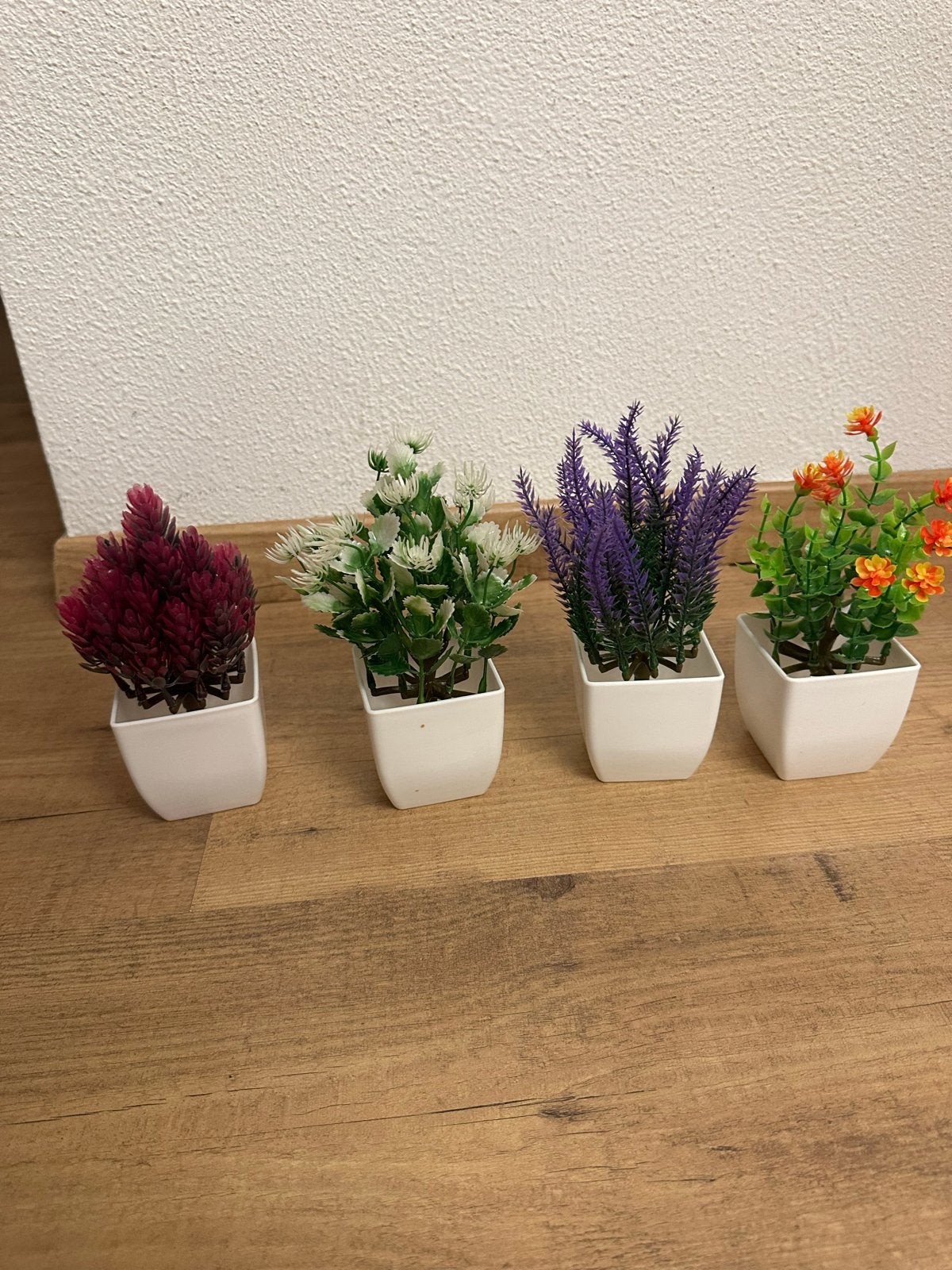 4 kunstbloemen met potjes - diverse kleuren, Binnen, Gebruikt, Kunstbloem, Ophalen of Verzenden