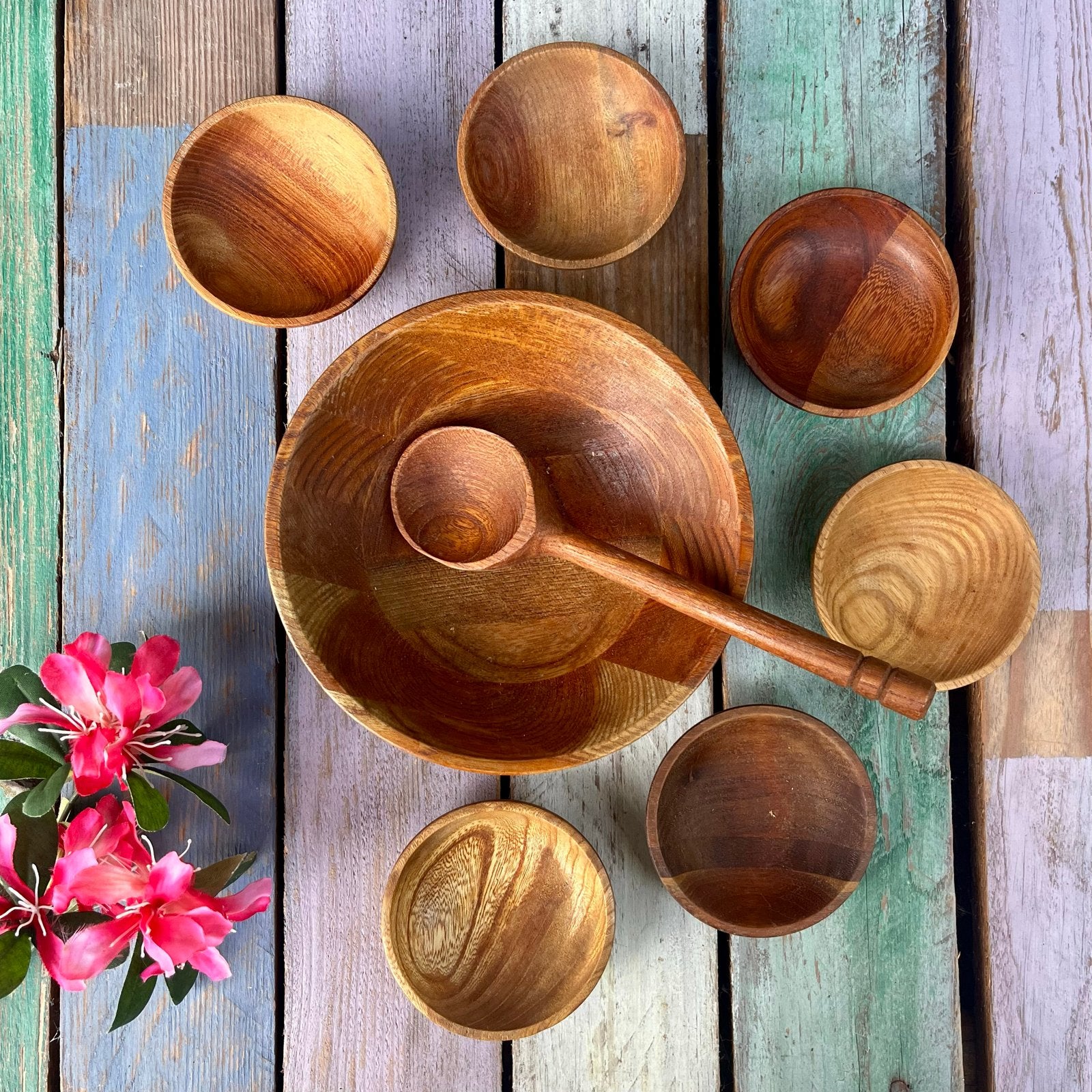 Houten pindasetje vintage houten schalen set met lepel, Hout, Ophalen of Verzenden, Overige typen, Gebruikt