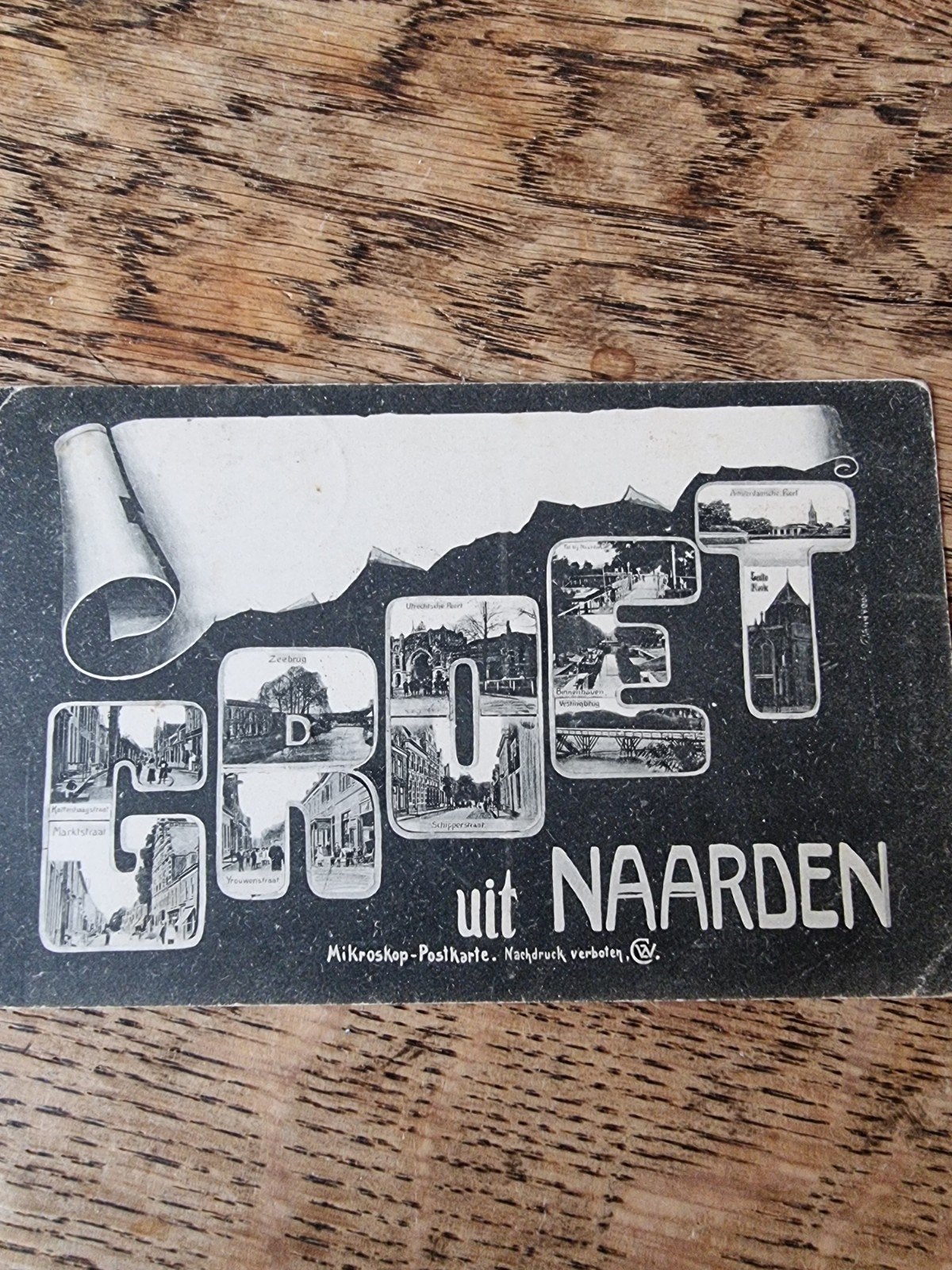Oude Mikroskop-Postkarte 'Groet uit Naarden' - 1909, Ophalen of Verzenden