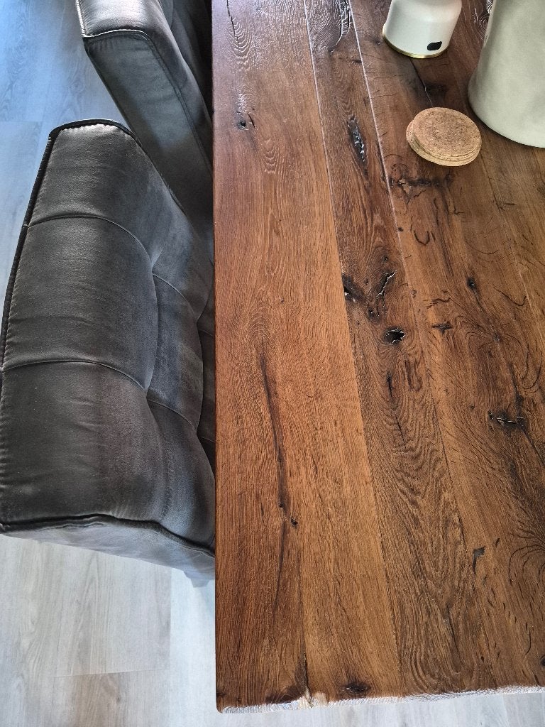 Mooie robuuste eiken eettafel met metalen poot ., Huis en Inrichting, Ophalen, 50 tot 100 cm, Zo goed als nieuw, 150 tot 200 cm