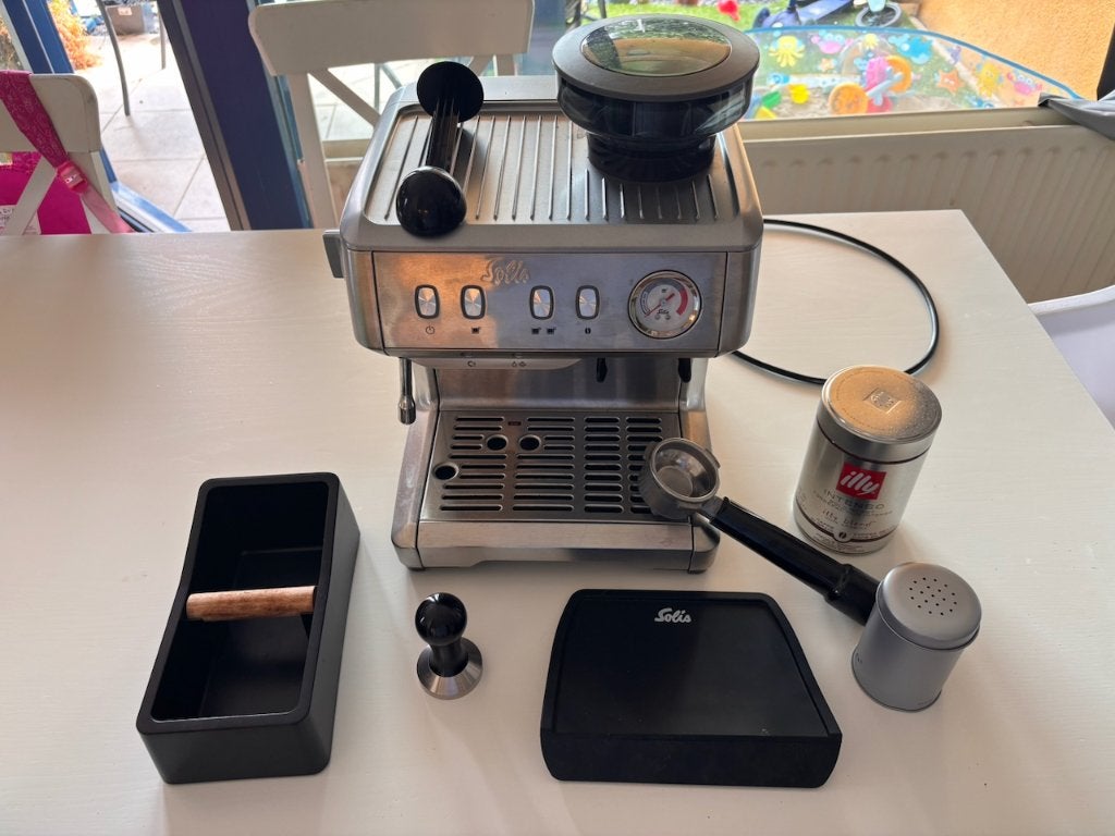 Solis Grind & Infuse RVS Espressomachine met accessoires, Ophalen, Zo goed als nieuw, Espresso apparaat, Koffiebonen