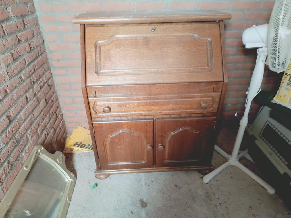 Vintage eiken secretaire met klep en opbergruimte, Antiek en Kunst, Ophalen of Verzenden