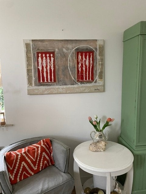 Gestyleerd Tribal Art schilderij.  Massai kunst Afrika. Rood, Ophalen, Handgeschilderd, Figuren