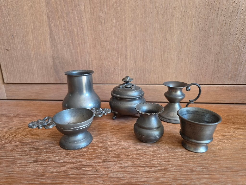 Tinnen voorwerpen met merkstempel — set van 6, Antiek en Kunst, Ophalen of Verzenden
