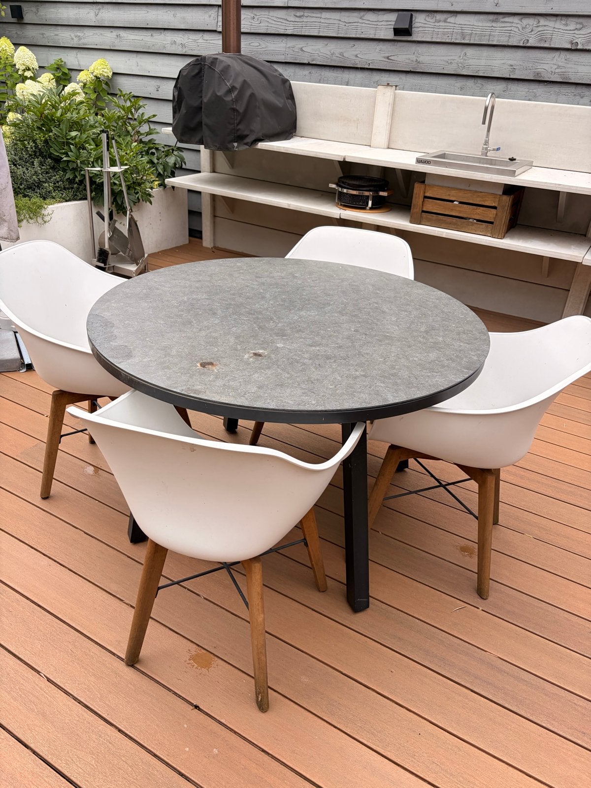 Hartman tuinset met 4 stoelen en ronde tafel, Tuin en Terras, Tuinsets en Loungesets, Gebruikt, Tuinset, Hout, 4 zitplaatsen, Eettafel
