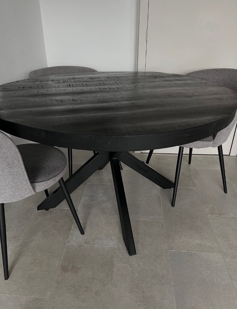 Eettafel rond mangohout 130cm, Ophalen, Rond, Zo goed als nieuw, 100 tot 150 cm