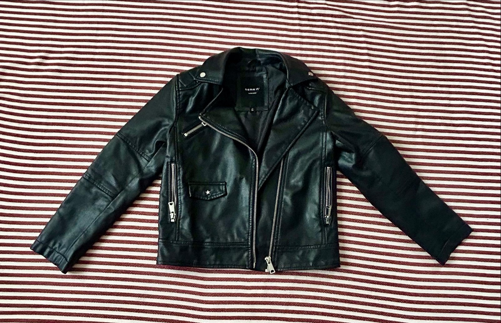 Name it Meisjes Biker leer look zwarte Jas - Maat: 122, Ophalen of Verzenden, Zo goed als nieuw, Meisje, Jas