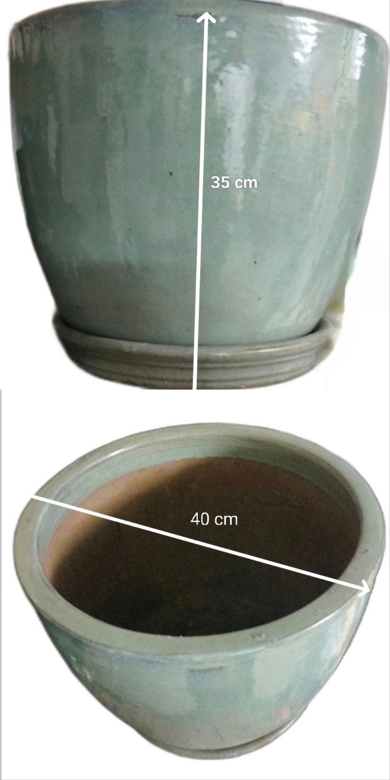 Robuuste keramische bloempot met schotel –mintgroen, Ophalen, Overige materialen, 40 cm of meer, Zo goed als nieuw