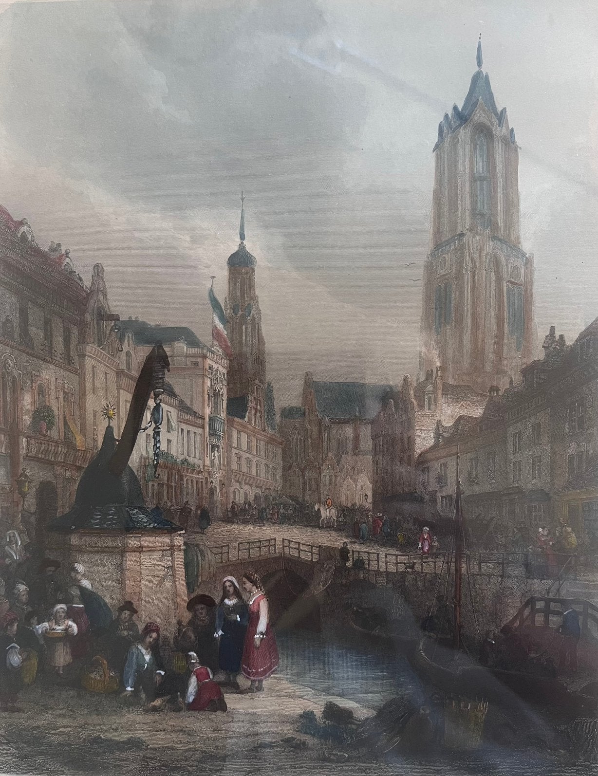 Antieke handgekleurde staalgravure van historisch Utrecht, Antiek en Kunst, Stadsgezicht, Ophalen of Verzenden, Gravure, 25 cm