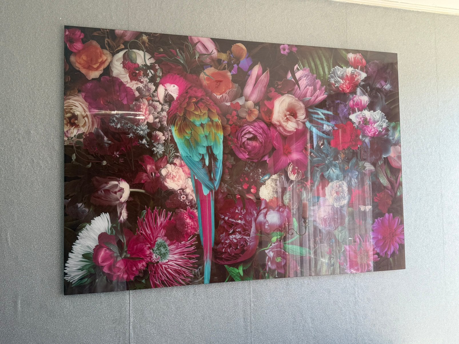 Glasschilderij met papegaai en bloemen, Antiek en Kunst, Ophalen
