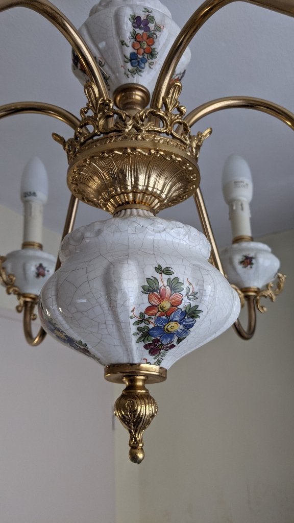 Zes armige Porseleinen kroonluchter VINTAGE incl lampen, Ophalen, Overige materialen, Vintage pordelein, E14 (klein)