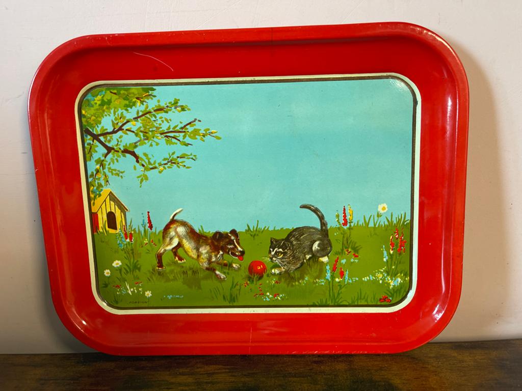 Vintage dienblad met hond en kat - Foreign, Ophalen of Verzenden