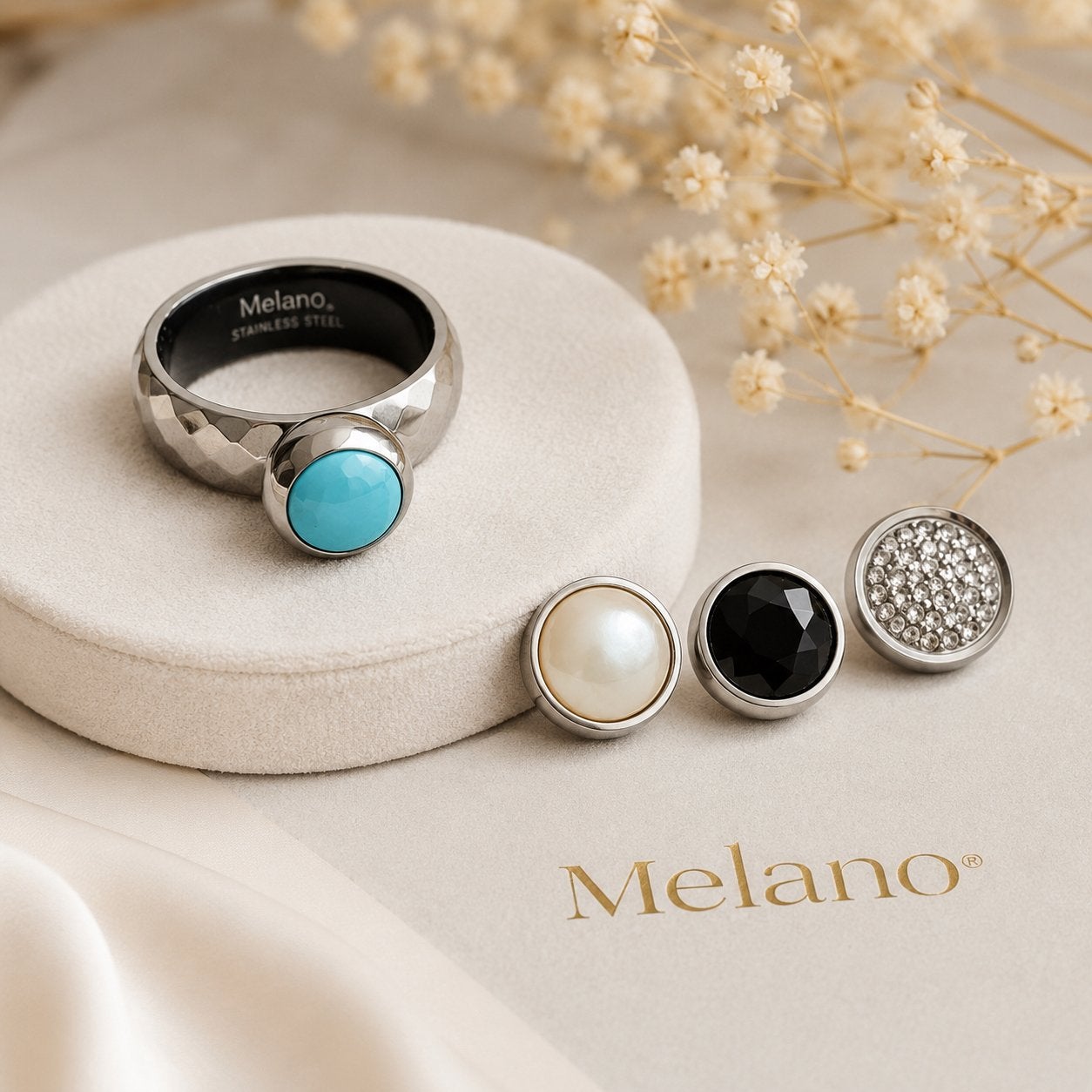 Melano ring met verwisselbare stenen (RVS), Ophalen, IJzer of Staal, Zo goed als nieuw, Met edelsteen
