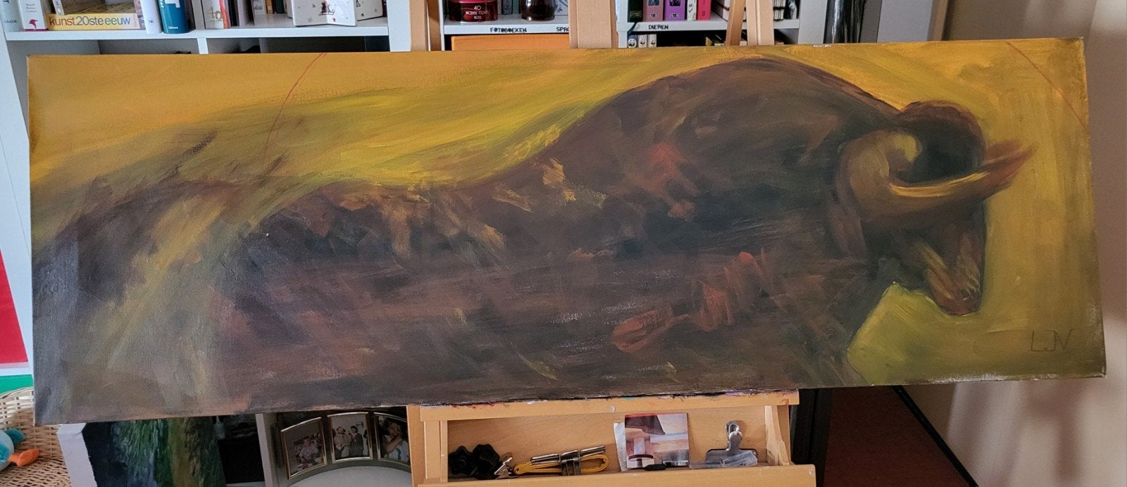 Groot acrylschilderij + 2 ongebruikte grote schilderdoeken, Ophalen
