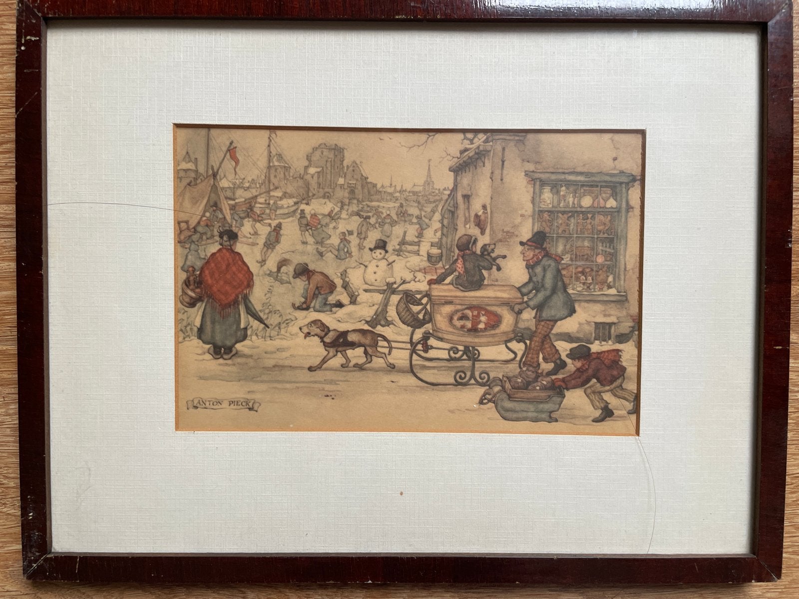 2 Anton Pieck prenten: Wintertafereel & Bloemenmarkt 16x11cm, Antiek en Kunst, Klassiek, Print, Ophalen, Achter glas
