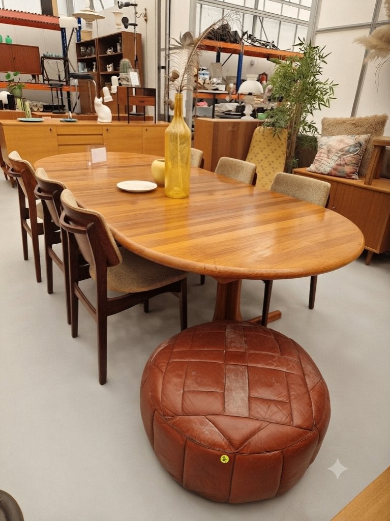 Vintage Deense grote ronde uitschuiftafel tot 270cm, 50 tot 100 cm, 100 tot 150 cm, ., Ophalen of Verzenden