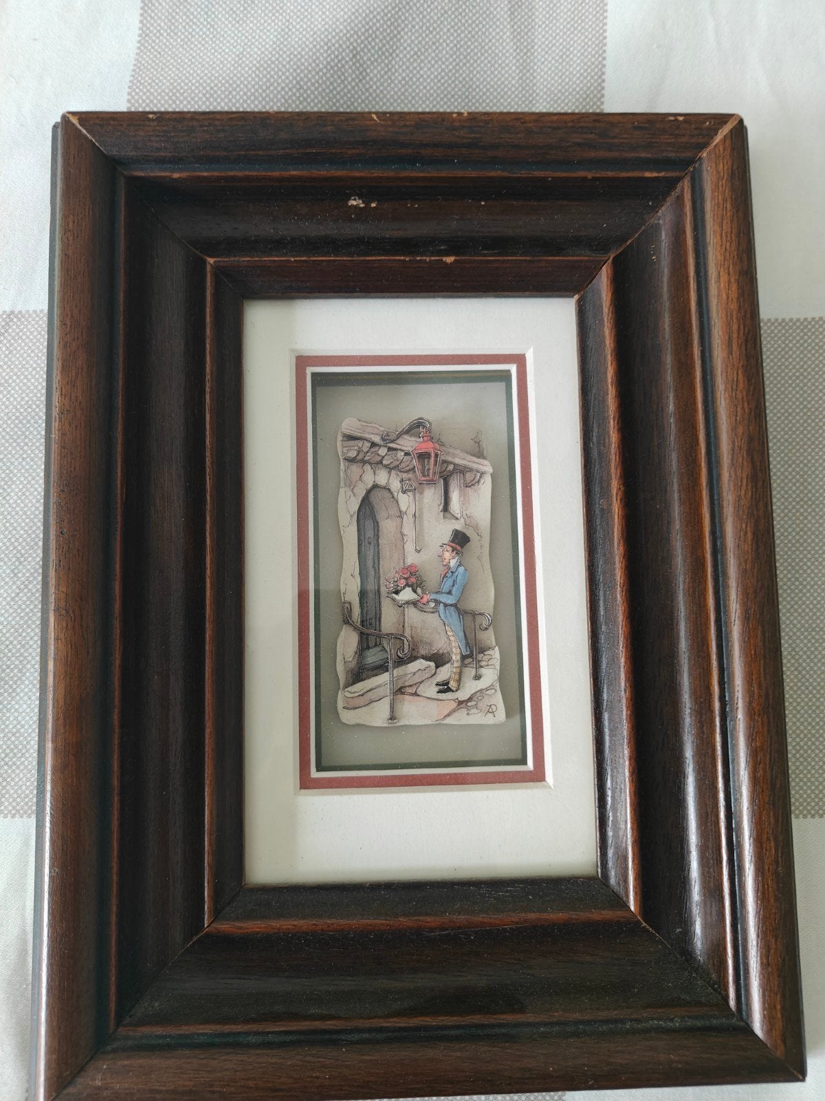 Vintage 3D kunstwerk. Man brengt bloemen, Ingelijst, Overige technieken, Klassiek, Stads- / dorpsgezicht