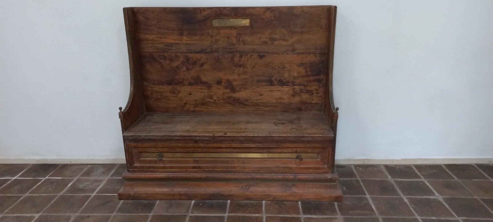 Antieke houten bank met opbergruimte en 'Sirius' inscriptie, Ophalen