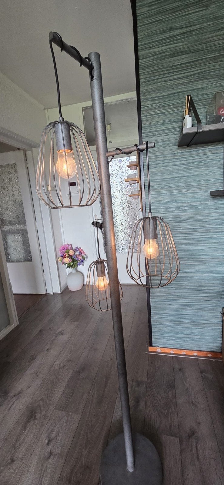 Stoere staande lamp met 3 kooilampen - industrieel design, Huis en Inrichting, Ophalen, Gebruikt, E27 (groot), Metaal