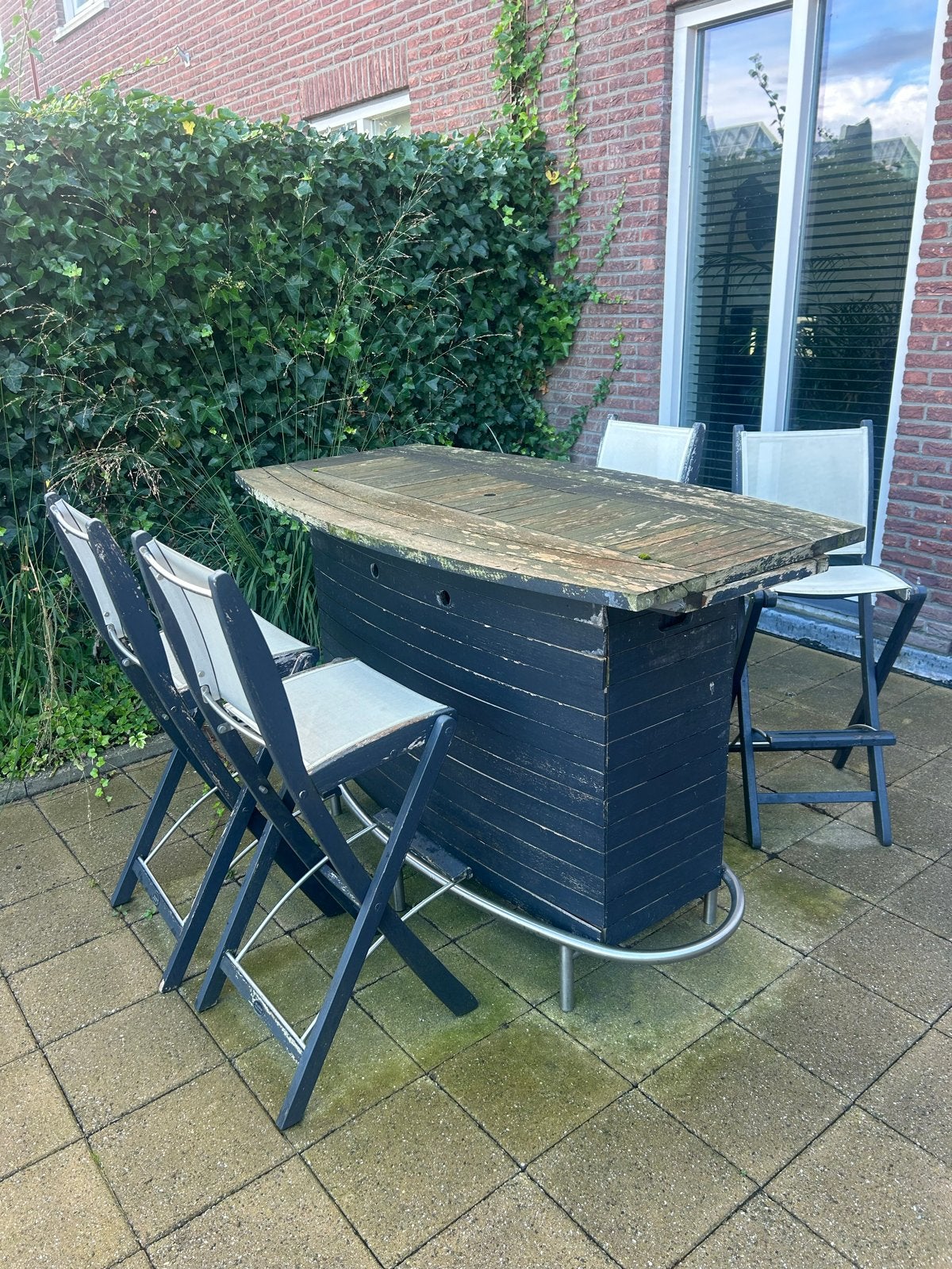 Buitenbar met 4 barkrukken, Ophalen, Gebruikt, Rechthoekig, Hout