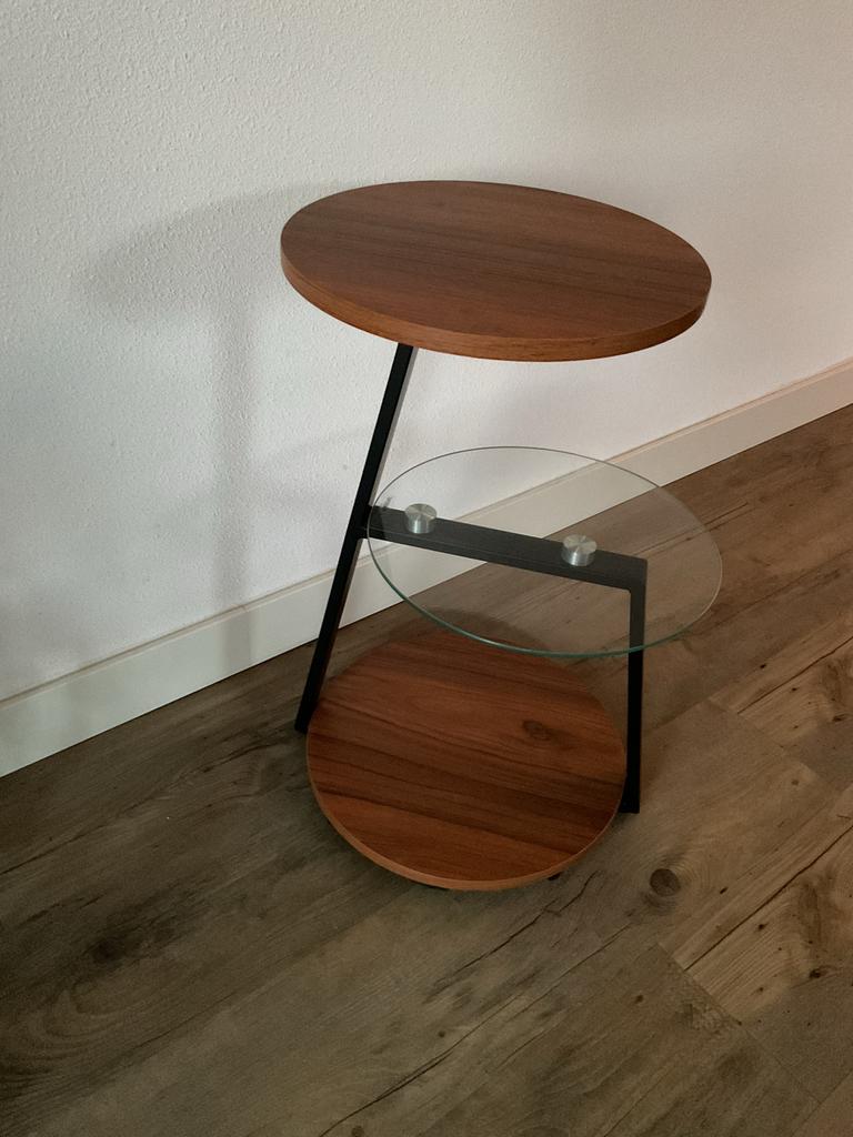Bijzettafel met houten en glazen bladen, Ophalen, Minder dan 55 cm, Gebruikt, Rond