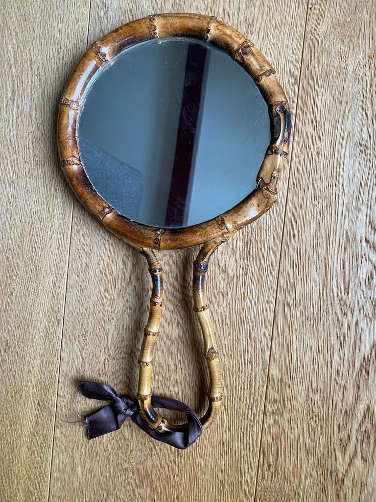 Vintage Bamboe Dubbelzijdige Handspiegel - 35cm, Ophalen of Verzenden, Rond, Minder dan 50 cm, Minder dan 100 cm
