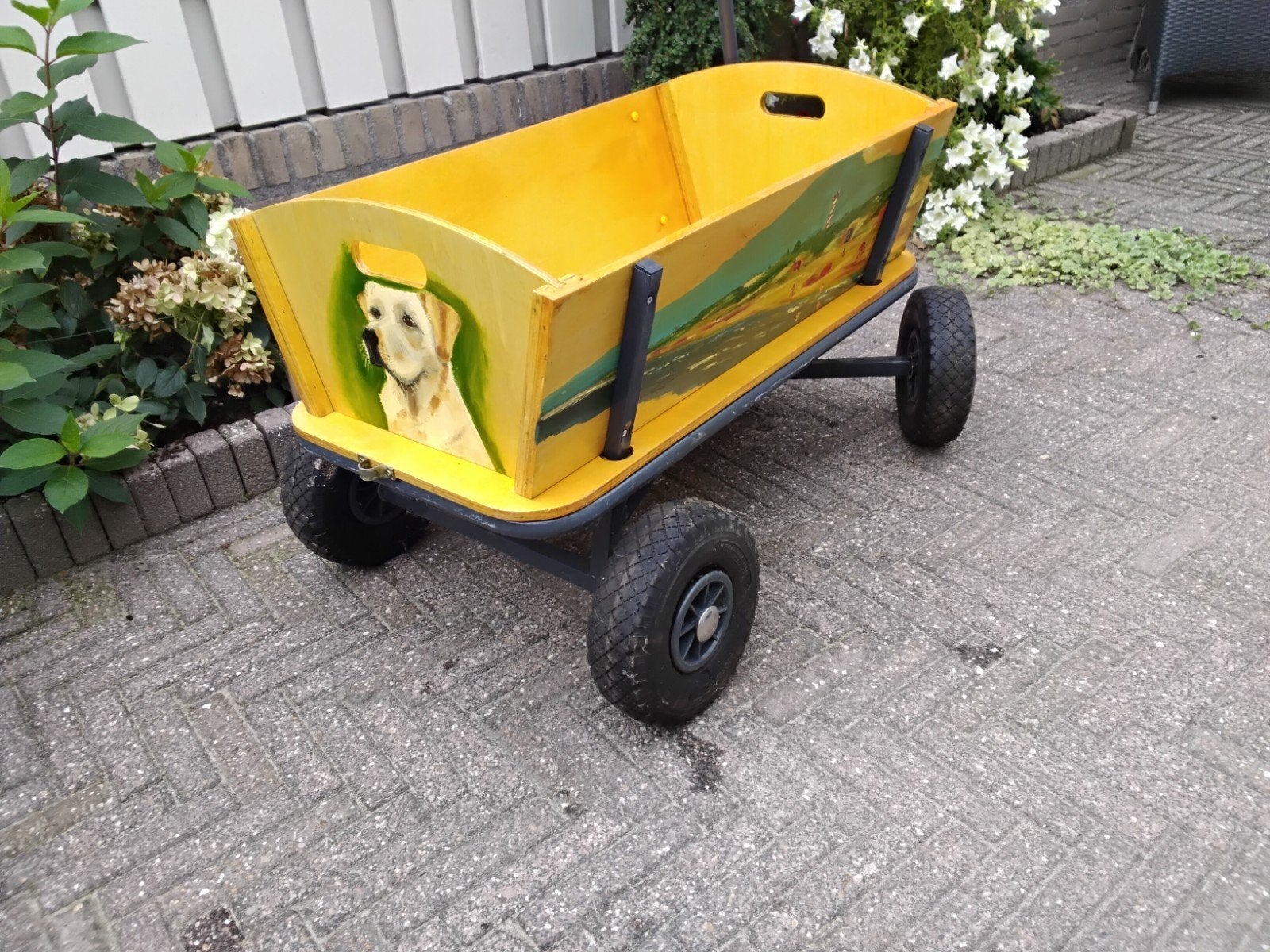 Gele houten bolderkar met beschilderingen, Ophalen, Gebruikt