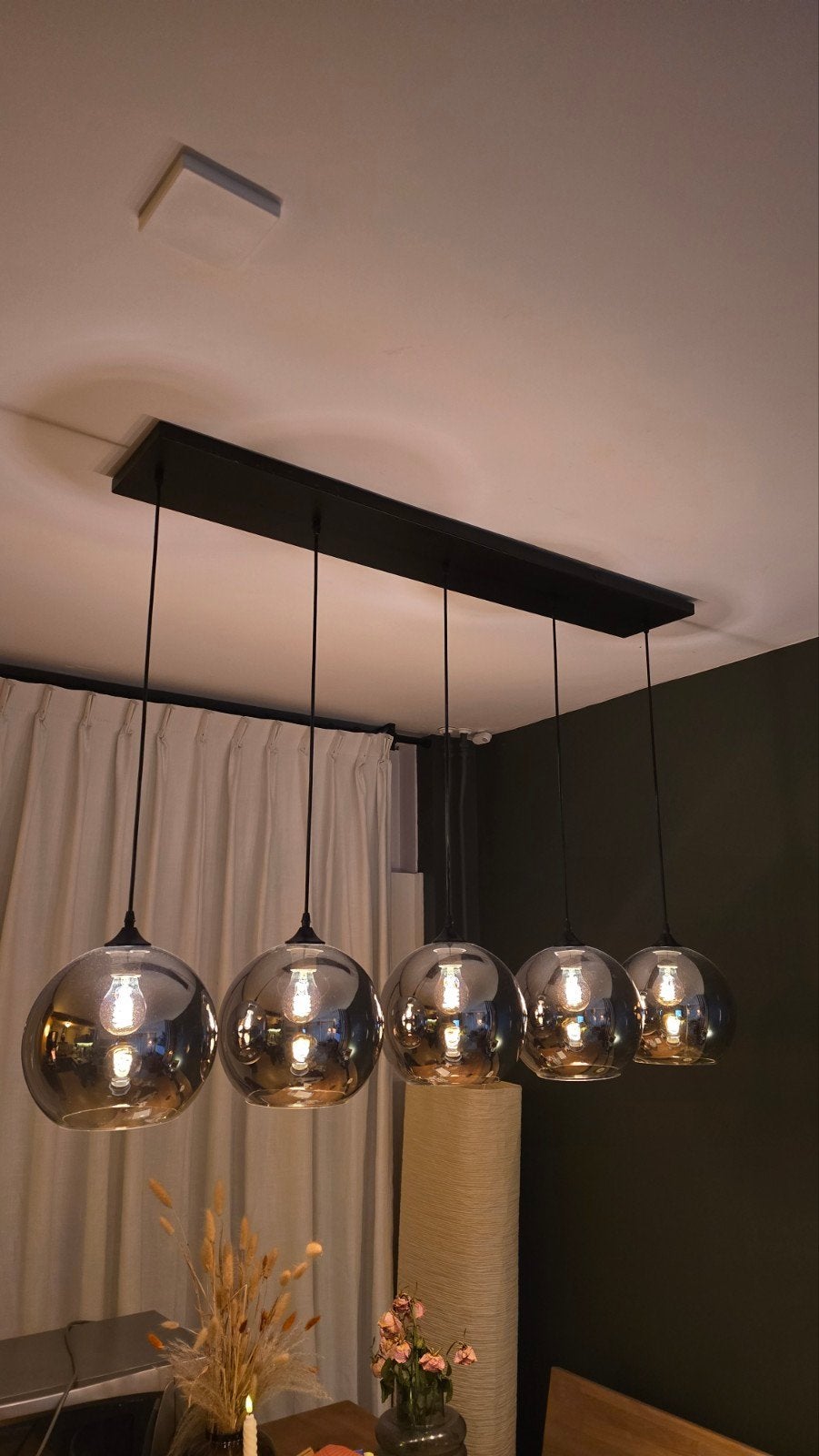 Moderne hanglamp met 5 glazen bollen, Ophalen, Modern, Industrieel, E27 (groot), Zo goed als nieuw