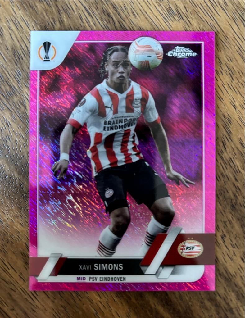 Xavi Simons Topps Chrome Pink Refractor PSV 166/250, Ophalen of Verzenden, Zo goed als nieuw, PSV, Spelerskaart