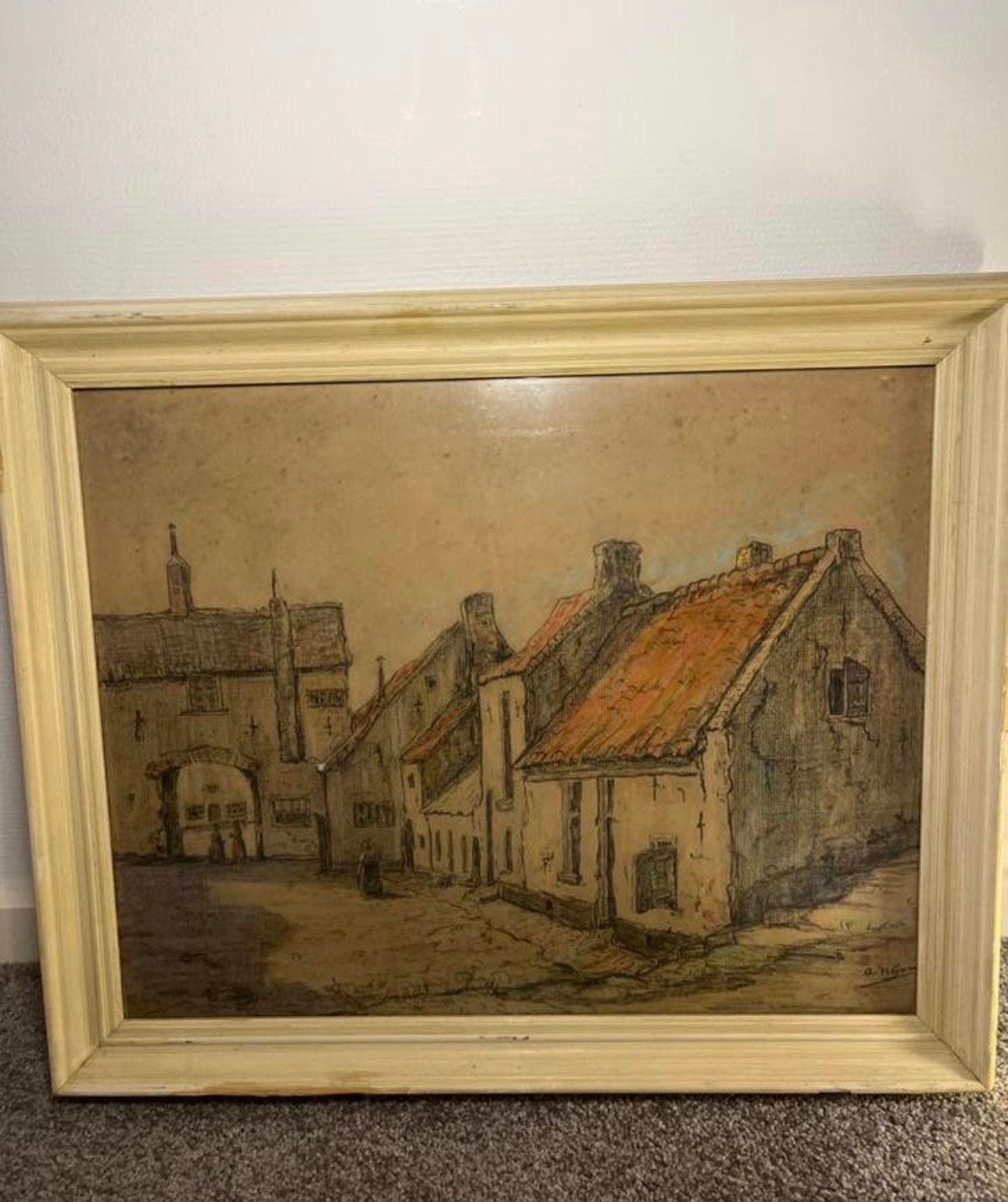 Charmante tekening A. Nijman: Oud Hollands straatbeeld, Ophalen of Verzenden, Tekening, Pentekening, Gesigneerd