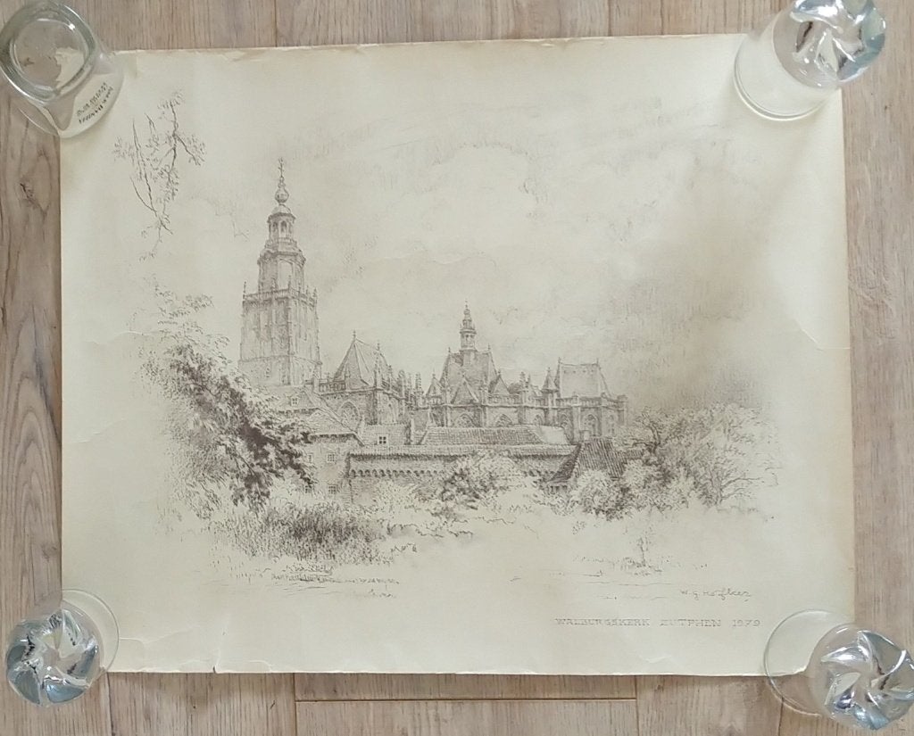 pentekening Walburgskerk Zutphen 1979, volgnr 279, Antiek en Kunst, Overige onderwerpen, Ophalen of Verzenden, Overige techniek