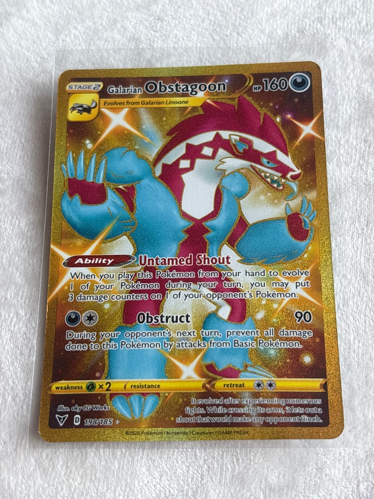Pokémon Galarian Obstagoon Gold Kaart 198/185, Ophalen of Verzenden, Zo goed als nieuw, Losse kaart, Foil