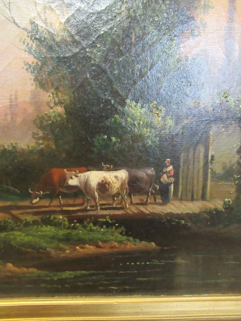 Oer 11641 ANTIEK 19e eeuws schilderij "Vrouw met koeien", Ophalen