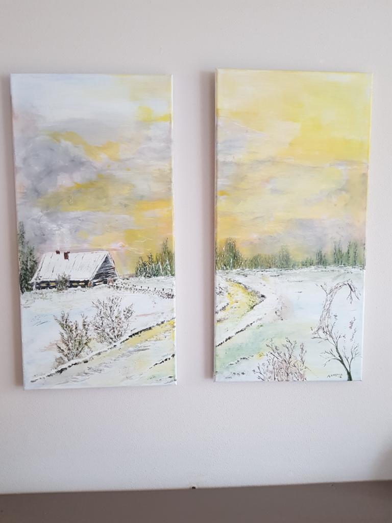 Sneeuwlandschap 2 delige met aqril verf .maten 60x30, Ophalen of Verzenden