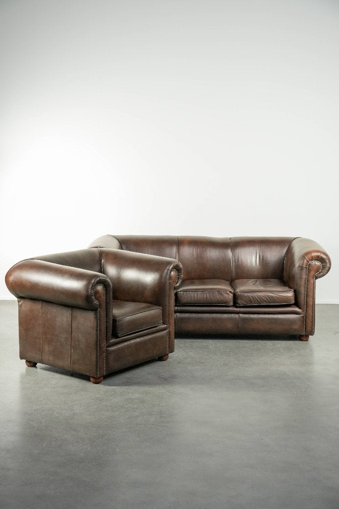 Rundleren set bestaande uit chesterfield bank en fauteuil, Huis en Inrichting, Banken | Bankstellen, Ophalen, Gebruikt, ., Klassiek, Chesterfield, Engels