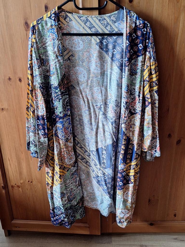 Middellange kimono geel blauwtinten vele patronen XL, Blouse of Tuniek, Geel, Ophalen of Verzenden, Zo goed als nieuw