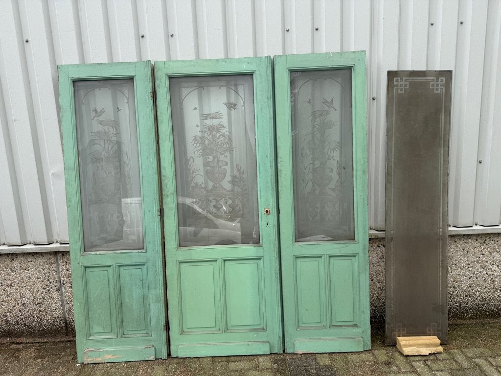 Antiek drieluik met bovenlicht met geetst glas, La belle porte, Jurgen.hoogenboezem@gmail.com, 120 cm of meer, Binnendeur