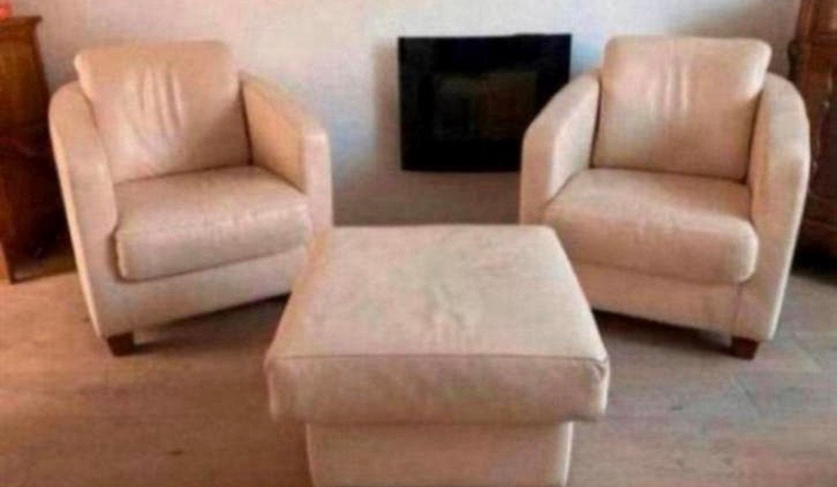 Woonkamer Crème wit Leder fauteuils set met hooker 60x60, Huis en Inrichting, Ophalen, Gebruikt, Leer