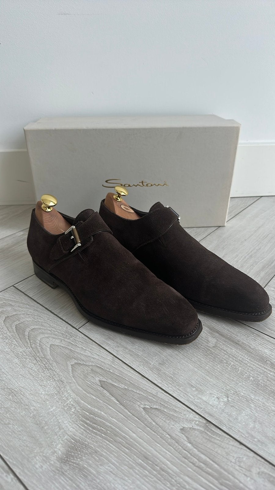 SANTONI (Goodyear-constructie) Gesp Bruin Suede, maat 5 (UK)