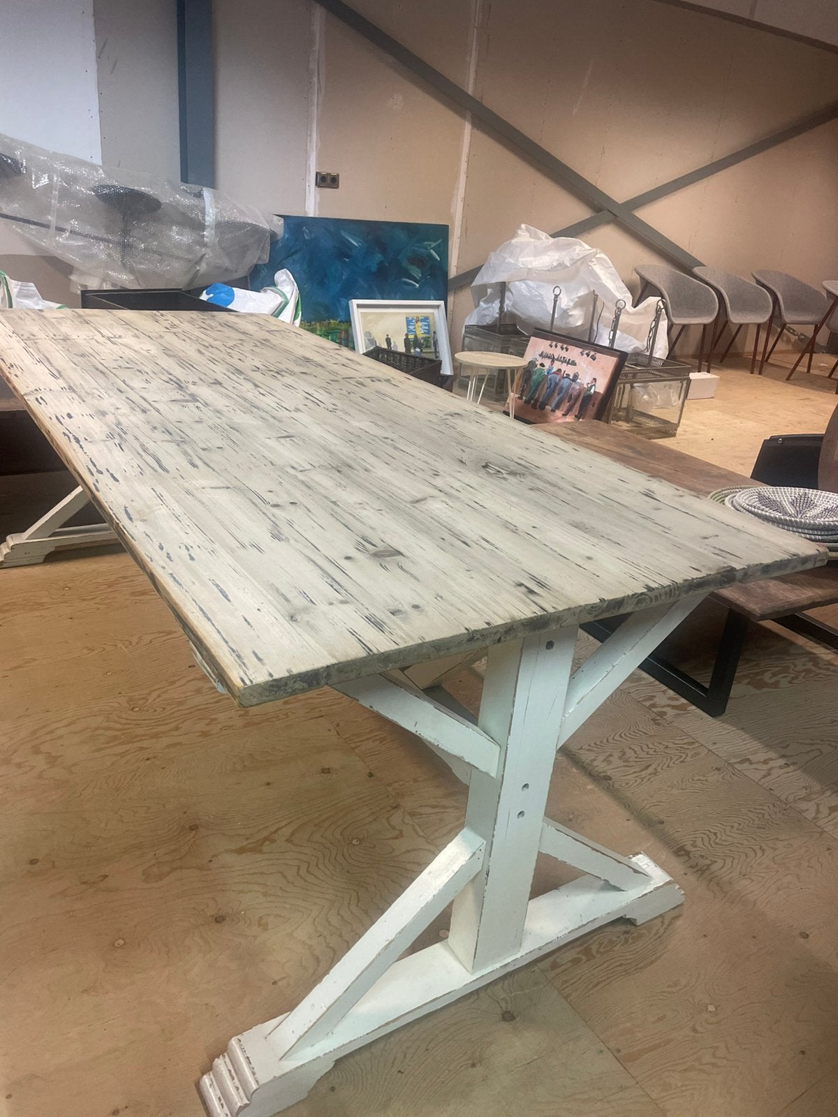 Franse landelijke kloostertafel met mooi blad, 200 cm of meer, Zo goed als nieuw, Rechthoekig, 50 tot 100 cm