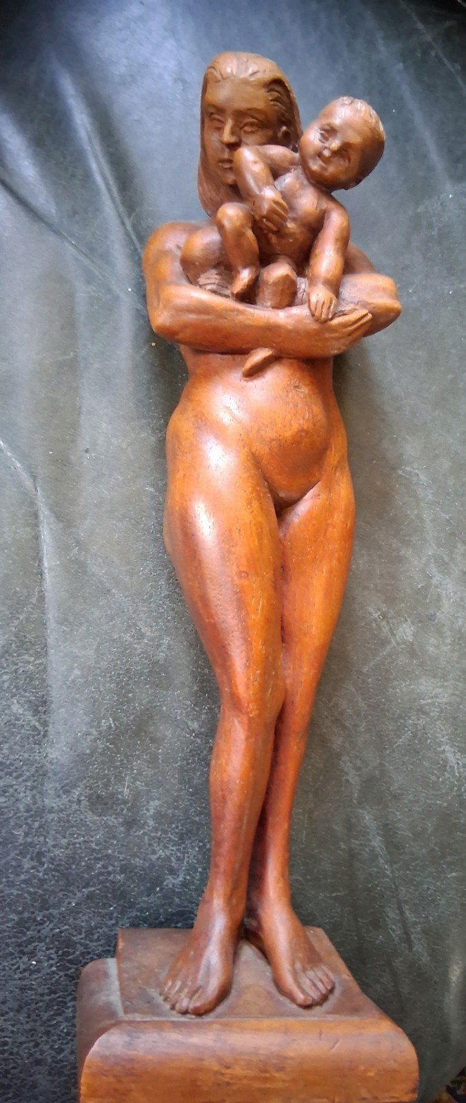 antieke houten moeder en kind naakt sculptuur ca.1900, Ophalen of Verzenden