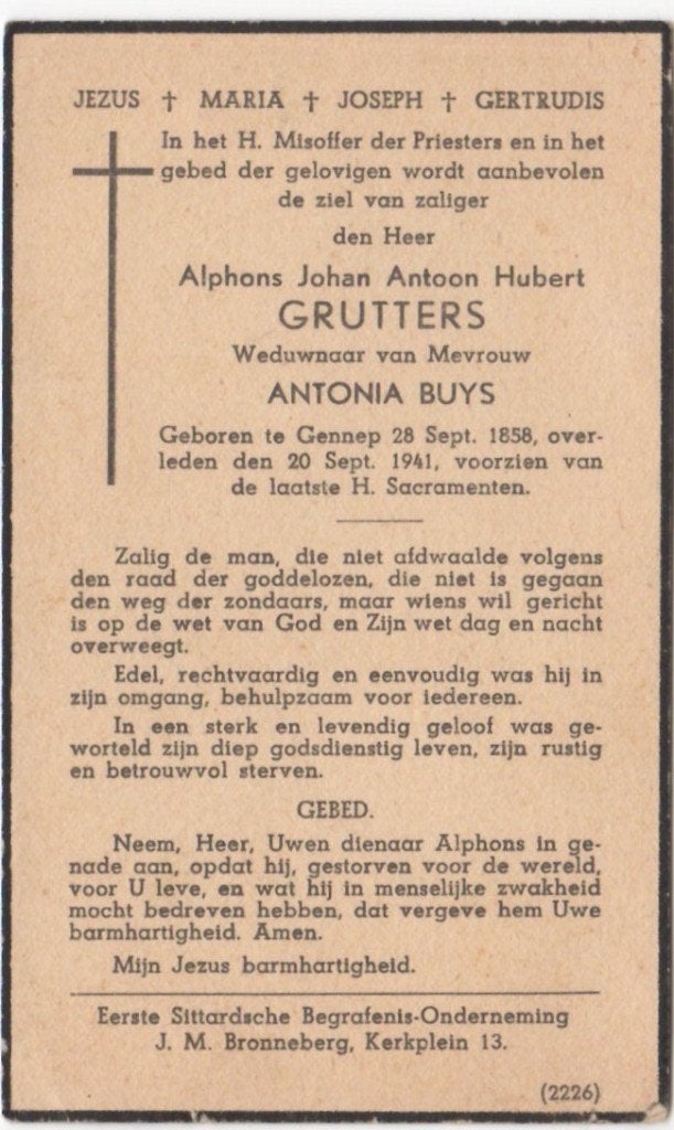 Adolph J.A. Grutters 1858 Gennep + 1941 Gennep, 82 jaar oud, Ophalen of Verzenden