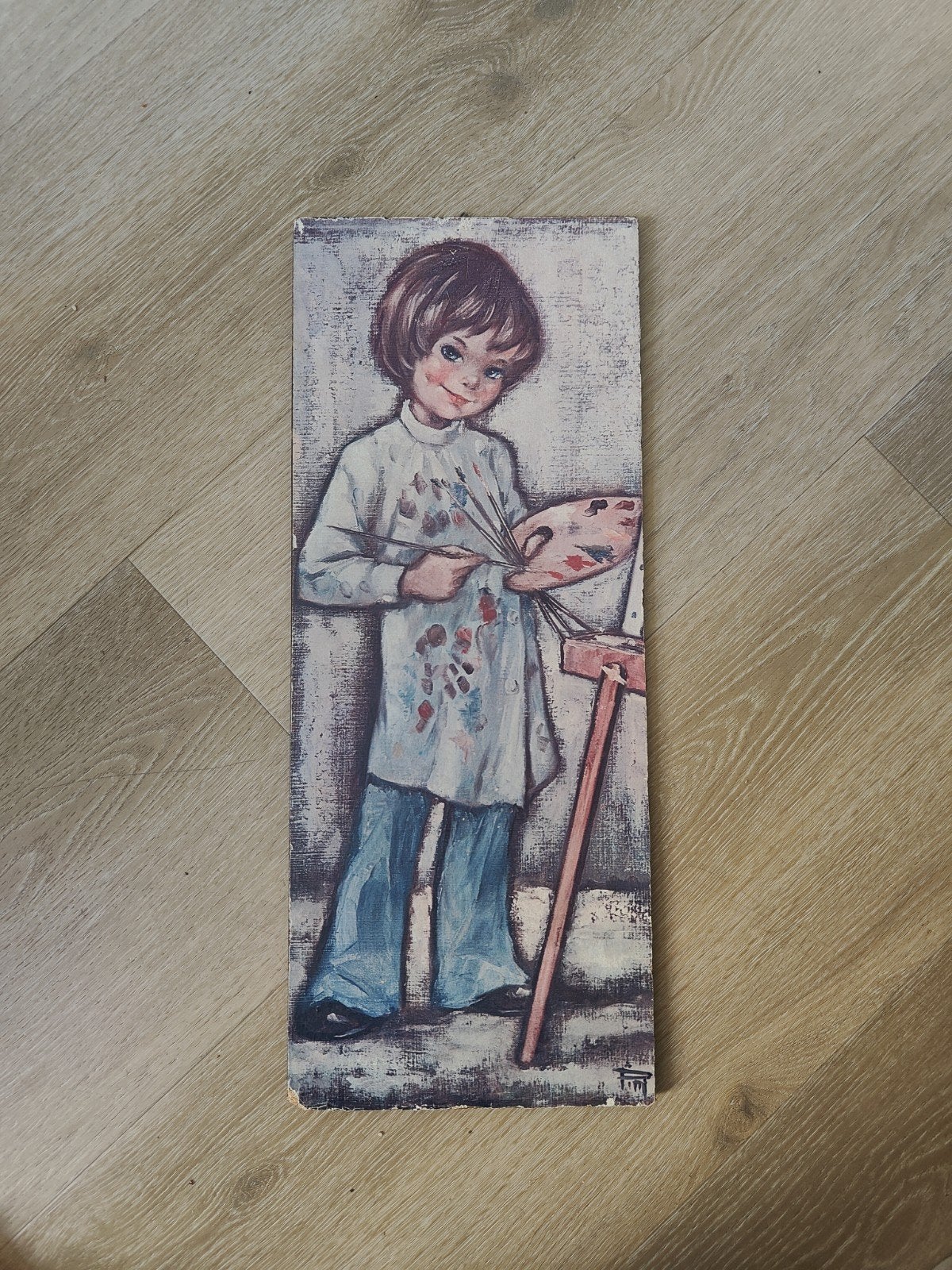 vintage schildering 20x50 hardboard big Eye artist painter, Ophalen of Verzenden