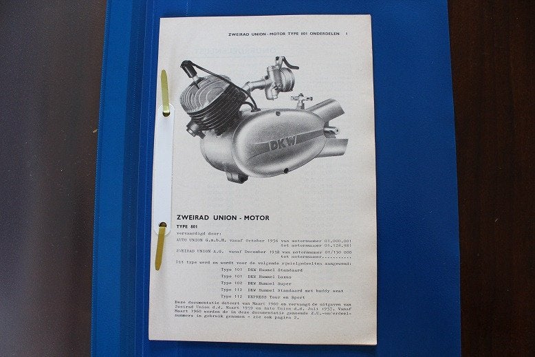 DKW zweirad union type 801 motor onderdelen boekje, Ophalen of Verzenden, Gebruikt