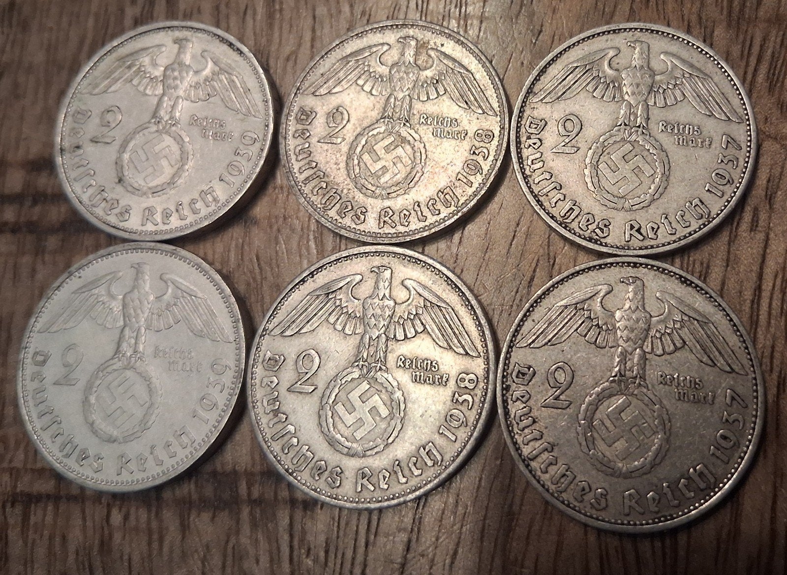 Set van 6 zilveren 2 Reichsmark munten Duitsland nazi munten, Ophalen of Verzenden, Duitsland, Setje, Zilver