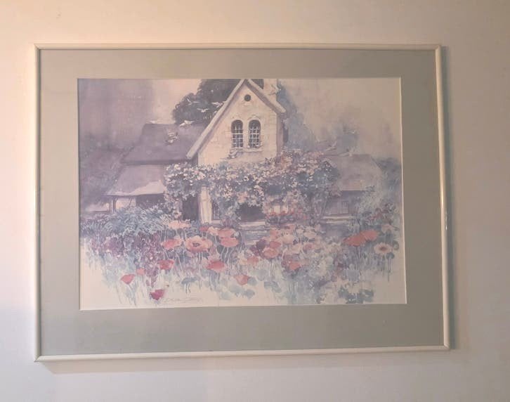 Schilderij: Huis met bloementuin, gesigneerd 1986, Ophalen of Verzenden